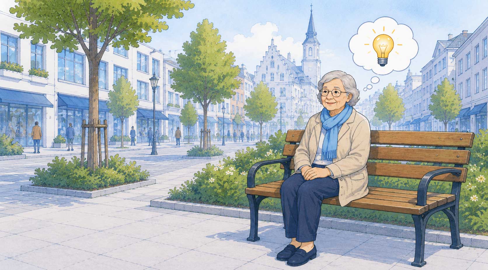Person hat eine Idee für die Stadt und sitzt auf einer Bank in einer freundlichen Innenstadt