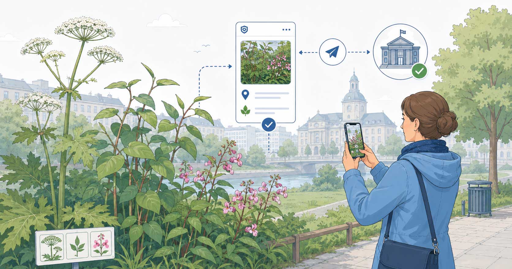 Illustration zur Meldung invasiver Pflanzen mit Smartphone, Fundort und Weiterleitung an die Verwaltung.