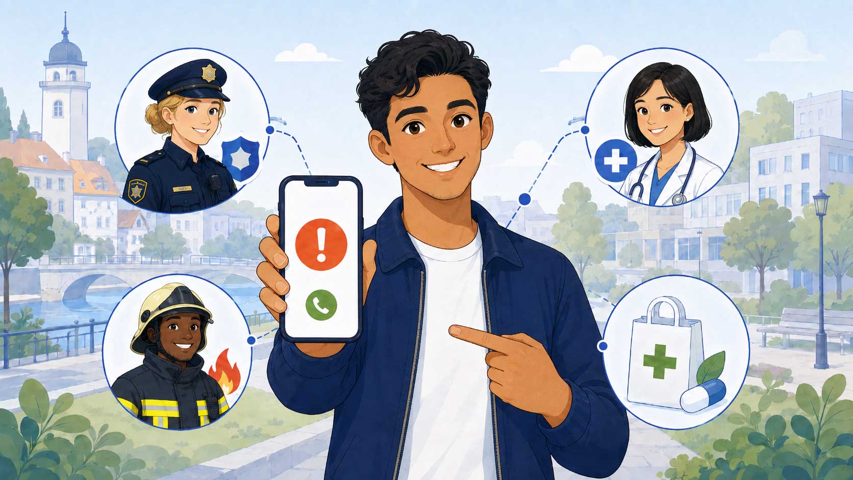 Person hält ein Smartphone mit Notrufsymbol, daneben Polizei, Feuerwehr, Ärztin und Apotheken-Notdienst